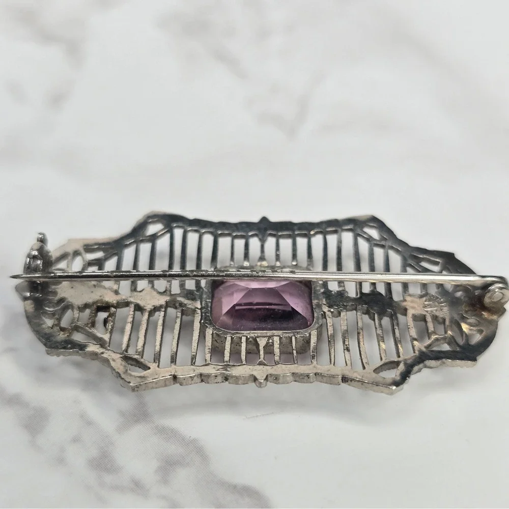 Antique Art Deco Sterling Silver Filigree Purple Crystal Bar Brooch CKB Pin 5.5g